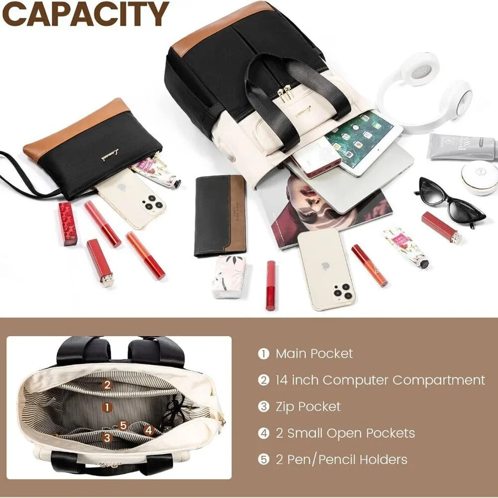 Convertible Mini Backpack Purse Black-Cream Multi-Carry Tote Small College Trave